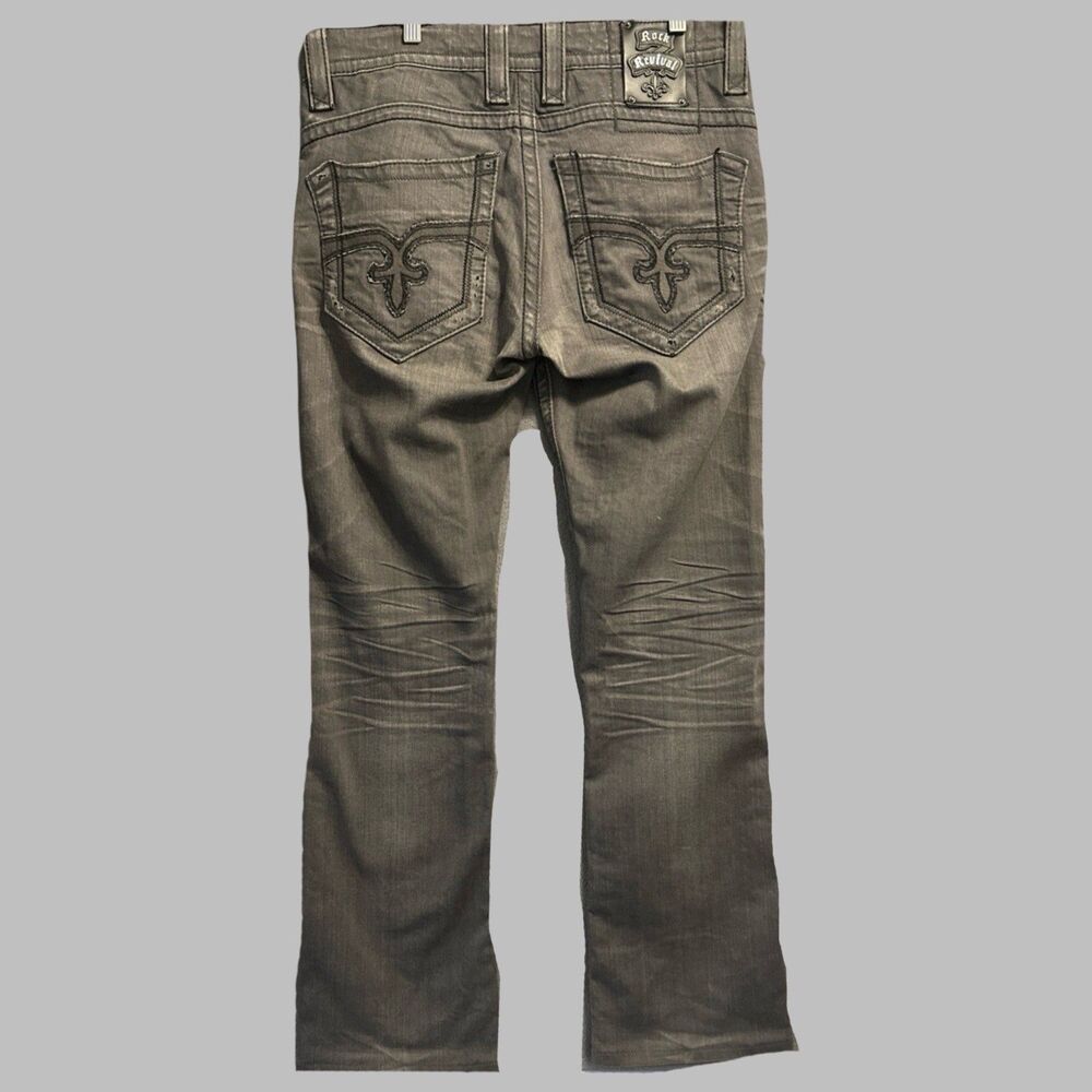 Rock Revival Russell Slim Straight Jeans Mens Size 33 Gray Embroidered